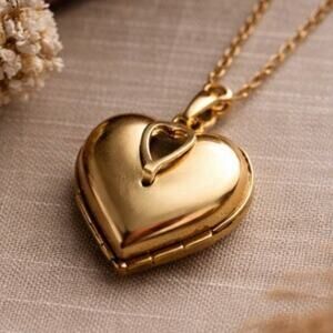 Solid Polished Bronze Vintage Heart Photo Locket Clover Gold Necklace
